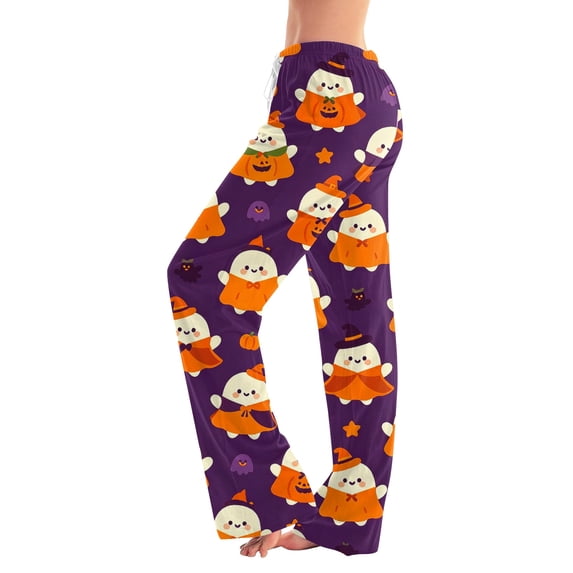 IYYVV Halloween Pajama Pants for Women Stretch Drawstring Lounge Pants Casual Pumpkin Printed Wide Leg Pjs Bottoms Dark Purple S