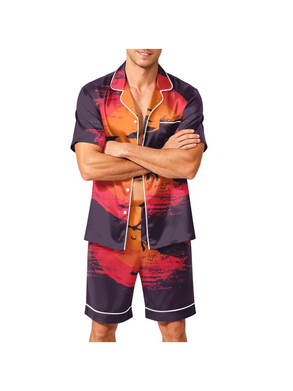 Halloween Pajama Sets For Men Devil Trendy Ghost Print Silk Short Sleeve Button Tops Matching Shorts Set Cute Plus Size Pjs Red S