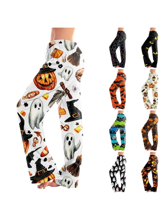 Halloween Pajamas Devil Pumpkin Ghost Skeleton Graphic Drawstring Pj Pants Halloween Cozy Comfortable Carved Fall Clothes Multicolor M