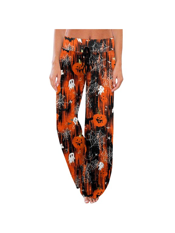 Halloween Pajamas Devil Pumpkin Ghost Skeleton Patterned Drawstring House Bottom Cozy Comfortable Skull Spooky Orange Fall Clothes Red M