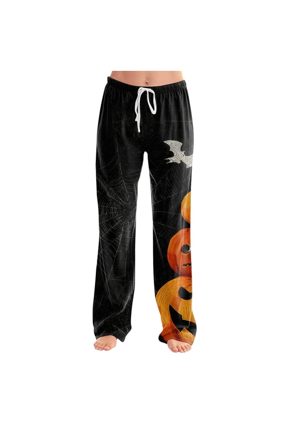 Halloween Pajamas For Womens Goth Lantern Patterned Drawstring Pjs Halloween Stretch Lounge Skeleton Fall Pant Black M