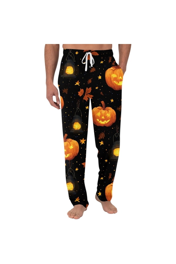 Halloween Pajamas Funny Pumpkin Bats Patterned Drawstring Sleep Bottoms Stretch Lounge Skeleton Trendy Pants Saffron L