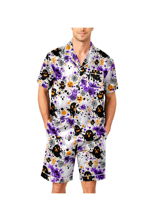 Halloween Pajamas Men 2 Piece Devil Skeleton Print Shirts And Shorts Silk Pajama Sets Sleepwear Lounge Sets Purple L