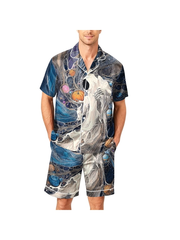 Halloween Pajamas Men Devil Pumpkin Bats Print Silk Short Sleeve Button Tops Matching Shorts Set Cute Plus Size Pjs Purple M