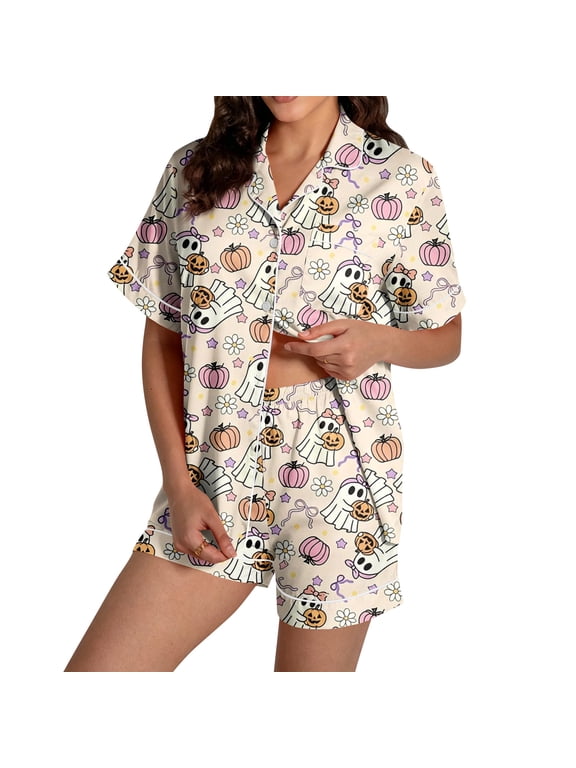 Halloween Pajamas Women 2026 Funny Cute Ghost Pumpkin Print Short Sleeve Button Top And Shorts Matching Sleepwear Light pink S