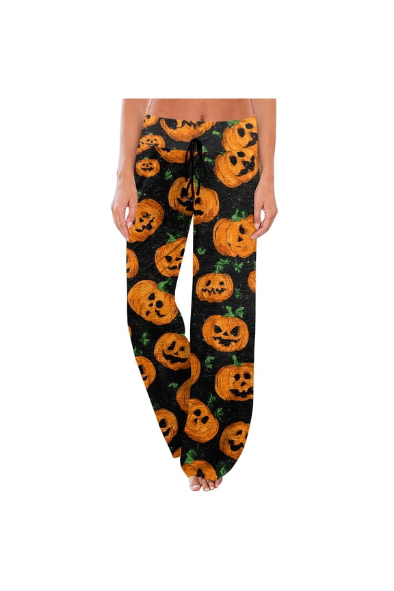 Halloween Pajamas Women Aesthetic Pumpkin Ghost Skeleton Graphic Drawstring Sleep Bottoms Cozy Comfortable Carved Dressy Pants Saffron XL