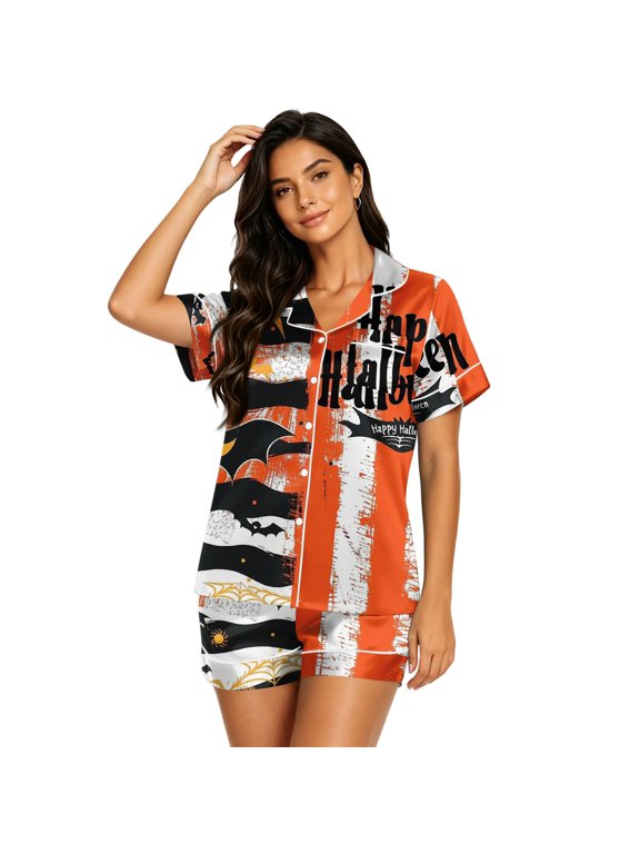 Halloween Pajamas Women Devil Pumpkin Silk Satin Sleepwear Short Sleeve Button Down Silk Pajama Sets Sleepwear Lounge Sets White M
