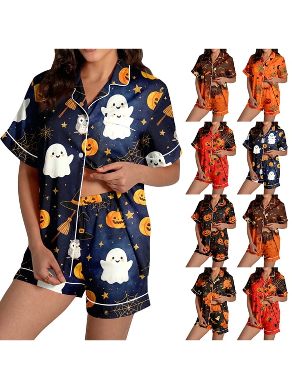 Halloween Pajamas Women Retro Ghost Pumpkin Print Short Sleeve Button Down Shirts Matching Shorts Set Cute Plus Size Pjs Saffron S