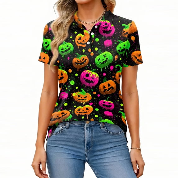 IYYVV Halloween Polo Shirts for Women Hawaiian Golf Shirts Short Sleeve Funny Ghost Pumpkin Printed Athletic Sport Golf Top Dark Green 3XL