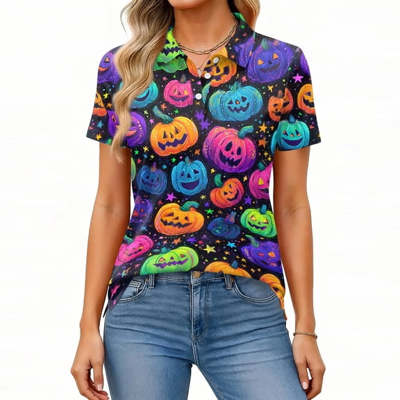 IYYVV Halloween Polo Shirts for Women Hawaiian Golf Shirts Short Sleeve Funny Ghost Pumpkin Printed Athletic Sport Golf Tops Purple S