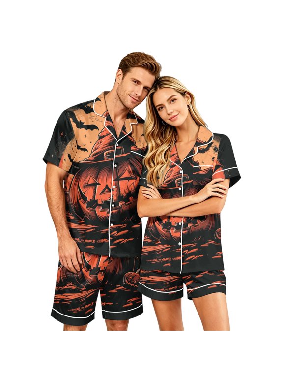 Halloween Satin Couples Pajamas Sets Short Sleeve Button Down Silk Pjs Devil Pumpkin Bats Sleepwear 2 Pcs Loungewear Red 2XL