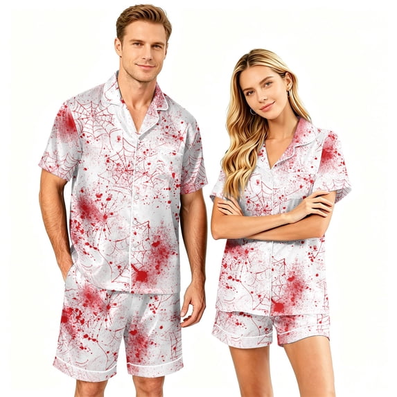 IYYVV Halloween Satin Couples Pajamas Sets Short Sleeve Button Down Silk Pjs Horror Lantern Sleepwear 2 Piece Lounge Set White 3XL