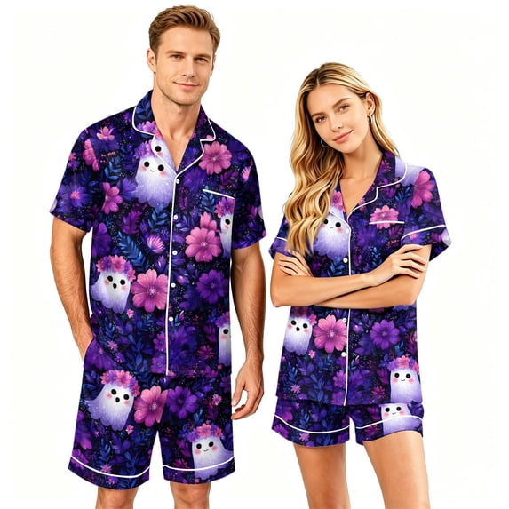 IYYVV Halloween Satin Couples Pajamas Sets Short Sleeve Button Down Silk Pjs Witch Ghost Face Sleepwear 2 Pcs Loungewear Purple L