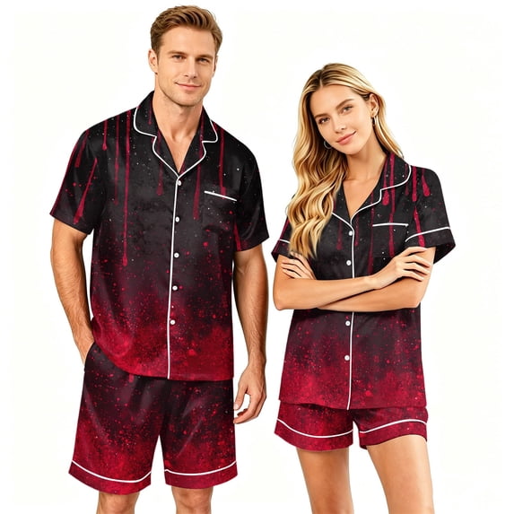IYYVV Halloween Satin Matching Pajamas For Couples Short Sleeve Button Down Silk Pjs Aesthetic Blood Rose Sleepwear 2 Piece Lounge Set Red 4XL