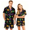 thumbnail image 1 of IYYVV Halloween Satin Matching Pajamas For Couples Short Sleeve Button Down Silk Pjs Horror Carved Sleepwear 2 Pieces Loungewear Green XL, 1 of 5