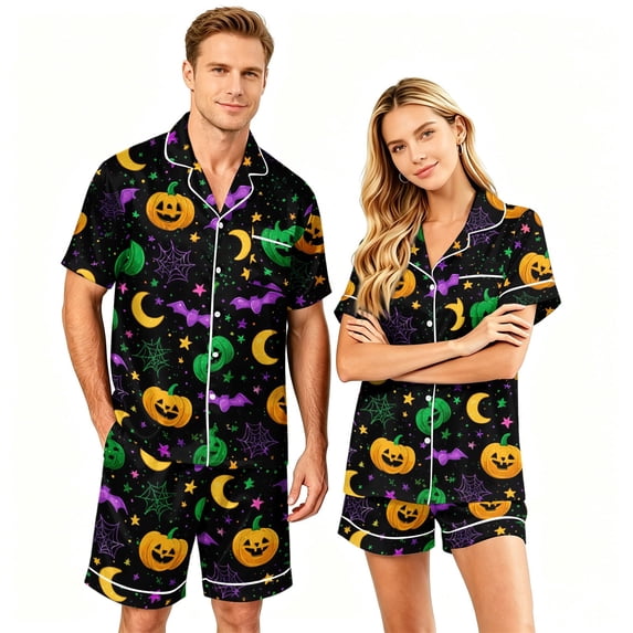IYYVV Halloween Satin Matching Pajamas For Couples Short Sleeve Button Down Silk Pjs Horror Carved Sleepwear 2 Pieces Loungewear Green XL