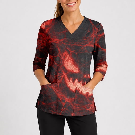 IYYVV Halloween Scrub Tops Men Plus Size V-Neck 3/4 Length Sleeve Nursing Scrubs Ghost Print Uniform with Pockets Red 5XL