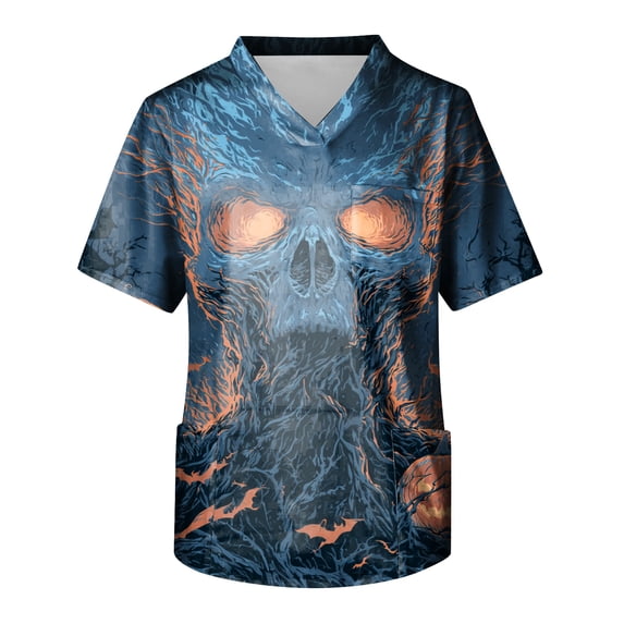 IYYVV Halloween Scrub Tops Men Pumpkin Ghost Baggy Work Uniform Cute Baggy Medical Nursing Uniforms with Pocket Gray S