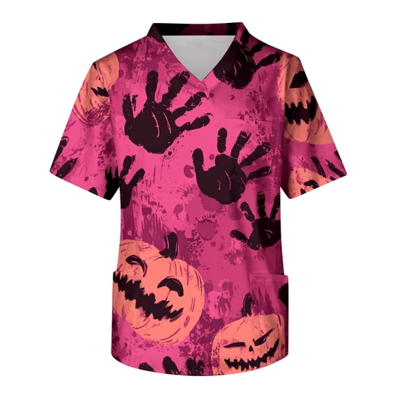 IYYVV Halloween Scrub Tops Men Pumpkin Ghost V Neck Nursing Tops Cute Plus Size Nursing Uniforms with Pocket Deep Red 3XL