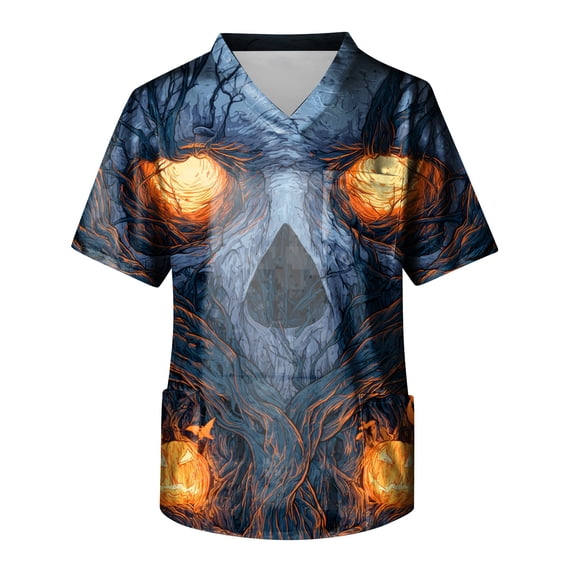 IYYVV Halloween Scrub Tops Men Pumpkin Ghost V Neck Nursing Tops Print Plus Size Medical Uniforms with Pockets Green XL