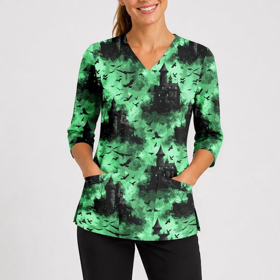 IYYVV Halloween Scrub Tops Men V-Neck Ghost Graphic Scrub Tops 3/4 Length Sleeve Nursing Shirt Plus Size Work Top with Pocket Green 2XL