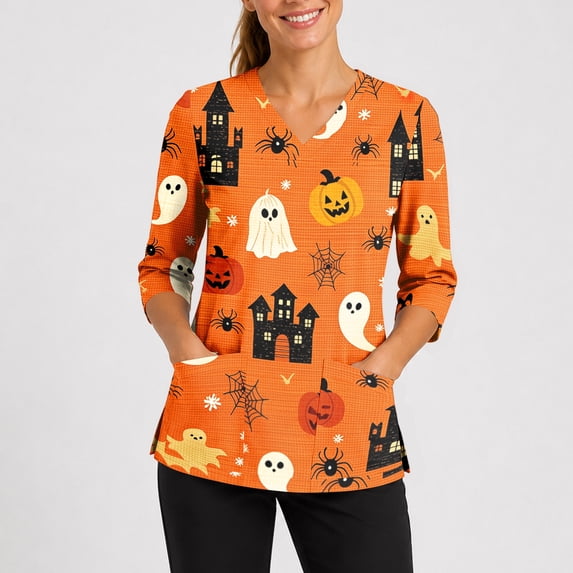 IYYVV Halloween Scrub Tops Men V Neck Pumpkin Print Scrub Tops 3/4 Sleeve Nursing Shirt Plus Size Work Tops with Pocket Orange 4XL