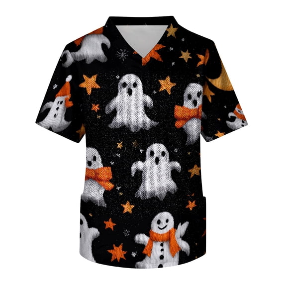 IYYVV Halloween Scrub Tops Men V-Neck Short Sleeve Bat Pumpkin Spiders Print Scrub Tops Workwear Uniforms With Both Side Pocket Red 4XL