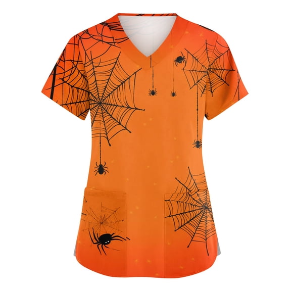 IYYVV Halloween Scrub Tops Women Ghost Printed Scrub Tops Plus Size Stretch Nursing Scrub Fall with Pocket Saffron L