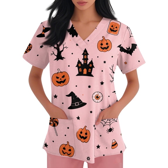 IYYVV Halloween Scrub Tops Women Printed Scrub Top Plus Size Stretch Nursing Scrubs Fall with Pockets Pink XL