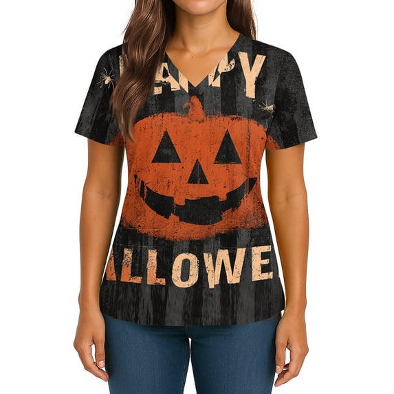 IYYVV Halloween Scrub Tops Women V Neck Pumpkin Graphic Scrub Top Short Sleeve Nursing Shirts Plus Size Work Tops with Pocket Vermilion L
