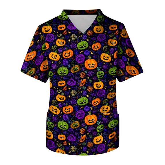 IYYVV Halloween Scrub Tops for Men Novelty Print Plus Size V-Neck Uniform Tops Basic Stretch Scrubs with Pockets Green XL