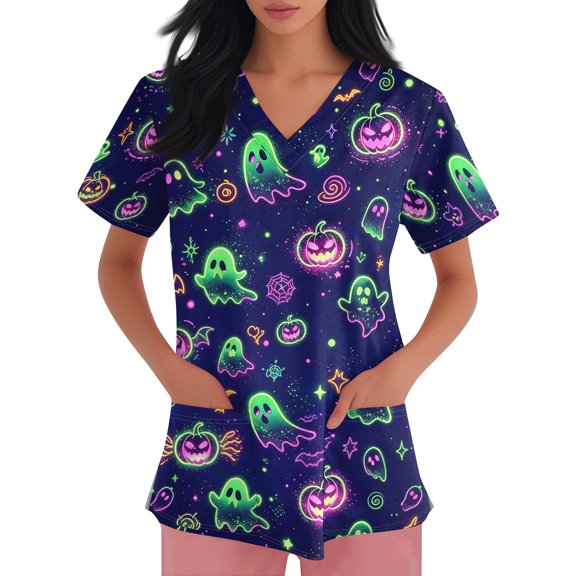 IYYVV Halloween Scrub Tops for Men Plus Size Graphic Scrub Top Short Sleeve V-Neck Nursing Shirt with Pockets Multicolor S