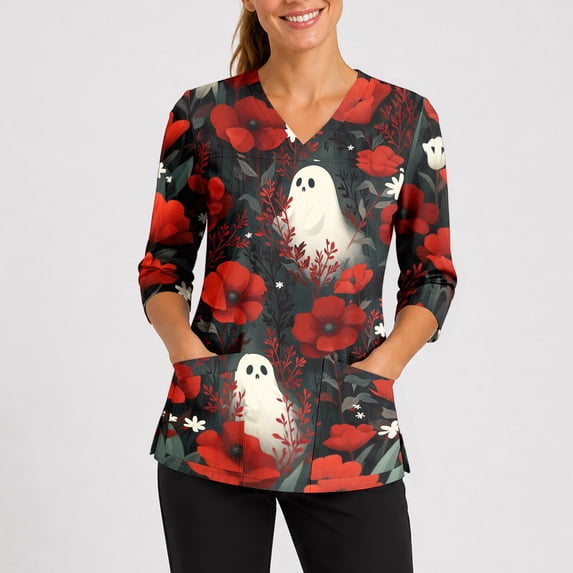 IYYVV Halloween Scrub Tops for Men Plus Size V-Neck 3/4 Sleeve Nursing Scrub Ghost Graphic Uniforms with Pocket Red 4XL