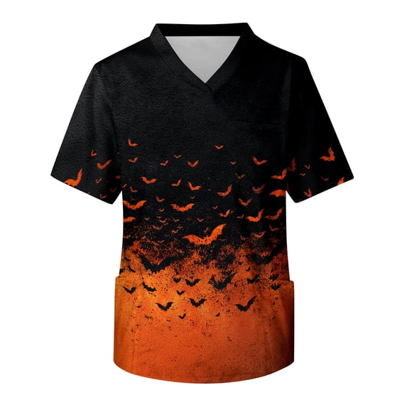 IYYVV Halloween Scrub Tops for Men with Pocket Short Sleeve V Neck Plus Size Scrub Top Ghost Graphic Red 2XL