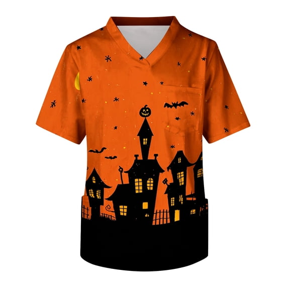 IYYVV Halloween Scrub Tops for Men with Pocket Short Sleeve V Neck Plus Size Scrubs Print Saffron L