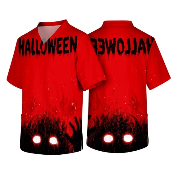 IYYVV Halloween Scrubs for Men Pumpkin Ghost Plus Size Medical Uniforms Stretchy V Neck Scrub Shirts with Pocket Red 4XL