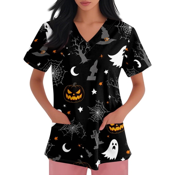 IYYVV Halloween Scrubs for Women Plus Size V Neck Short Sleeve Nursing Scrub Pumpkin Print Uniform with Pockets Black 3XL