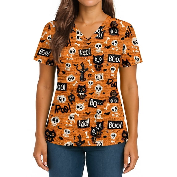 IYYVV Halloween Scrubs for Women V-Neck Pumpkin Graphic Scrub Top Short Sleeve Nursing Shirts Plus Size Work Top with Pockets Yellow 2XL