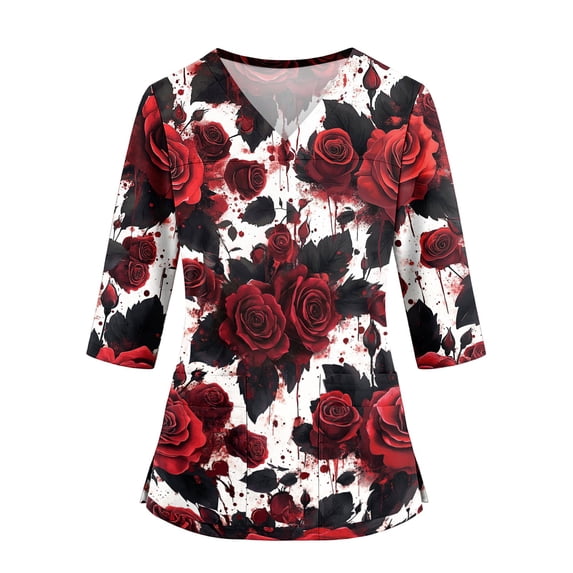 IYYVV Halloween Scrubs for Women Witch Print Plus Size Nursing Tops Cute Baggy Nursing Tops with 2 Pockets Red 2XL
