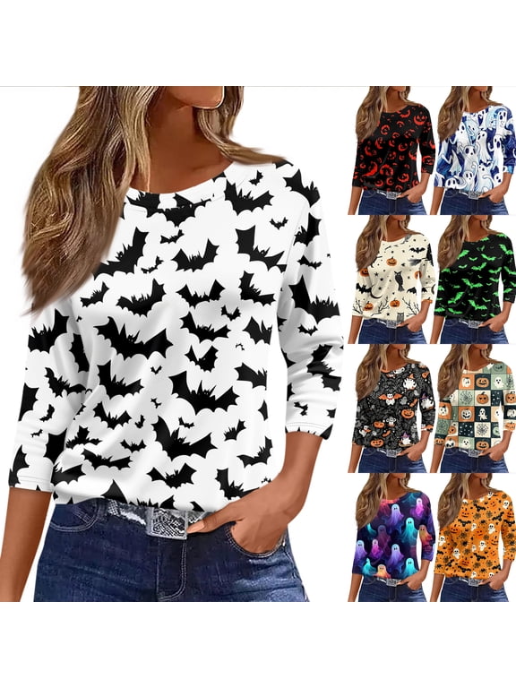 Halloween Shirts For Women Devil Carved Graphic Blouse Crew Neck 3/4 Length Sleeve Holiday Party Bats Undershirt Complexion XL