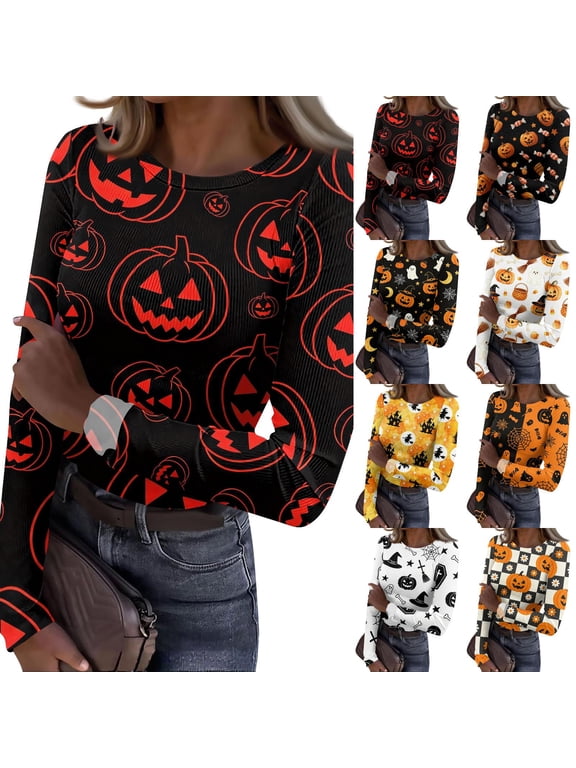 Halloween Shirts For Women Long Sleeve Crew Neck Goth Pumpkin Ribbed Knit Tshirt House Print Skull Fall Fashion Blouse Orange 2XL