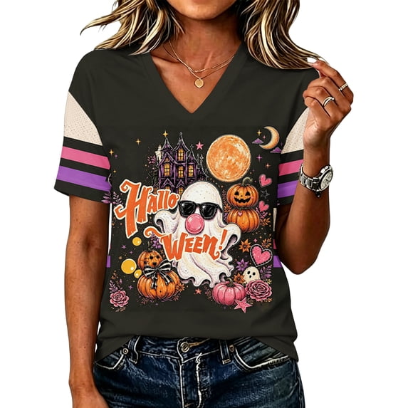 IYYVV Halloween Shirts for Women 2026 Oversized Cute Funny Plus Size Pumpkin Ghost Print T-Shirt Short Sleeve V Neck Casual Pullover Tunic Tops Saffron L