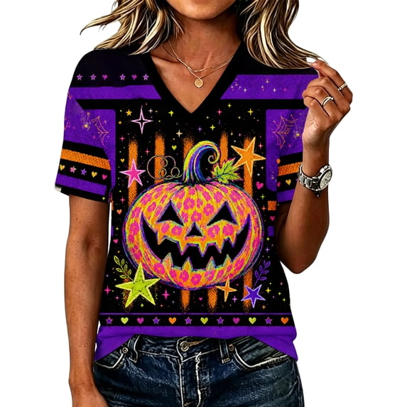 IYYVV Halloween Shirts for Women Oversized 2026 Cute Funny Plus Size Pumpkin Print T-Shirt Casual Short Sleeve V Neck Pullover Tunic Tops Dark Purple L