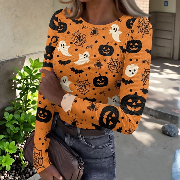 IYYVV Halloween Shirts for Women 2026 Long Sleeve Crewneck Slim Fitted Basic Tees Funny Ghost Pumpkin Graphic Ribbed Shirts Saffron XL