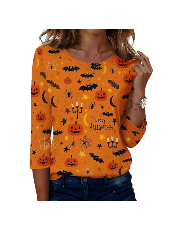 Halloween Shirts for Women 2026 Novelty Funny Witch Pumpkin Ghost Skull Print Gothic Tshirts 3/4 Sleeve Crewneck Tops Orange M