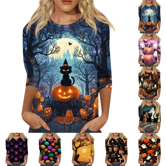 IYYVV Halloween Shirts for Women 3/4 Length Sleeve Plus Size Tops Fall Loose Casual Blouses 2026 Novelty Graphic Ladies Tees Yellow S