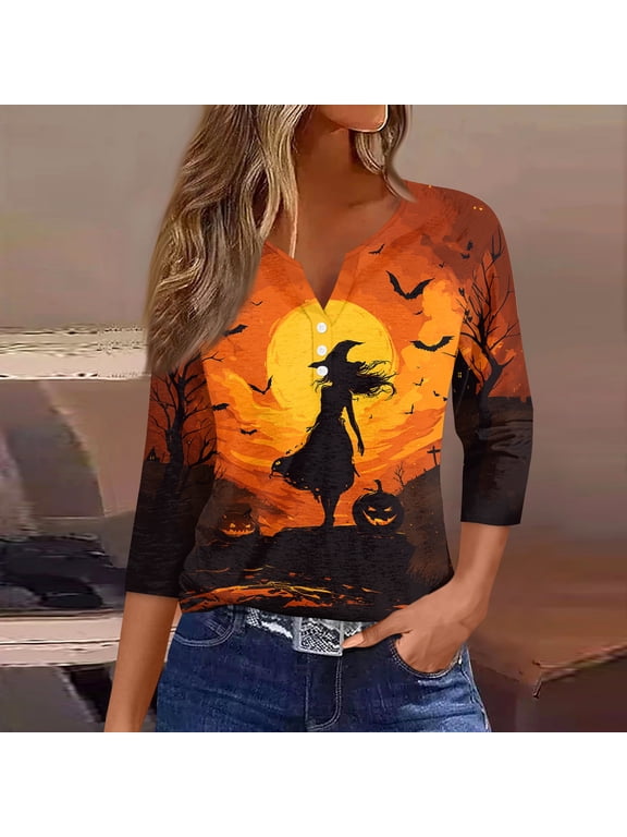 Halloween Shirts for Women 3/4 Sleeve Henley V Neck Button Funny Pumpkin Ghost Printed Top Orange M