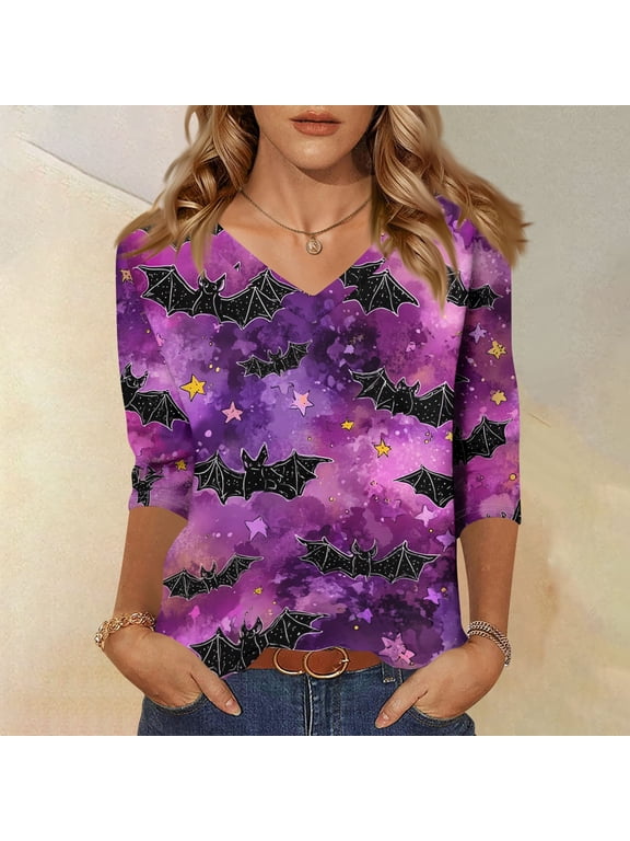 Halloween Shirts for Women 3/4 Sleeve V Neck Shirts Fall Funny Pumpkin Graphic Tops Spooky Season Tees Purple S