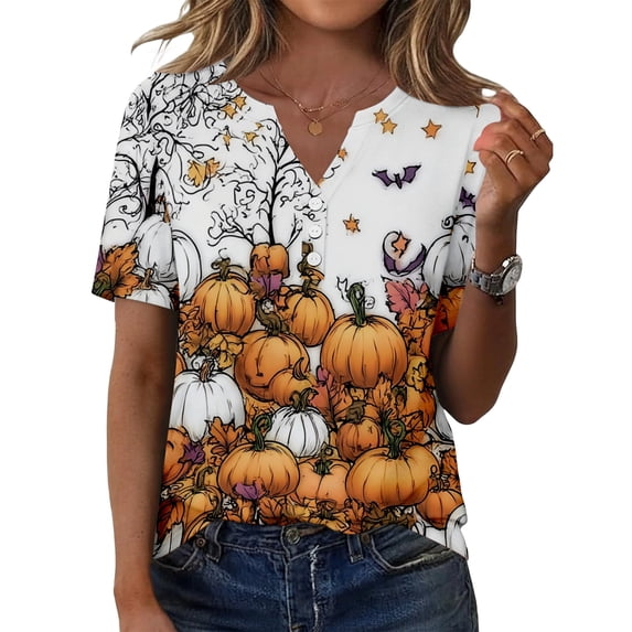IYYVV Halloween Shirts for Women Fall Pumpkin Print Short Sleeve Pullovers Soft V Neck T-Shirts Yellow S