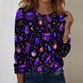 thumbnail image 1 of IYYVV Halloween Shirts for Women Long Sleeve Crewneck Casual Dressy Tops Funny Ghost Pumpkin Graphic Fall Fashion Top Purple M, 1 of 7